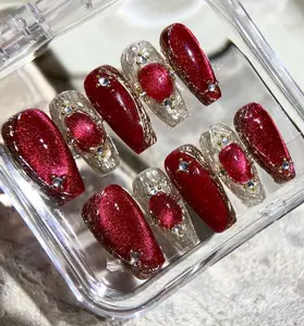 Bling Red Cat Eye Press On Nails 3D Chrome Heart Gold Coffin Nails