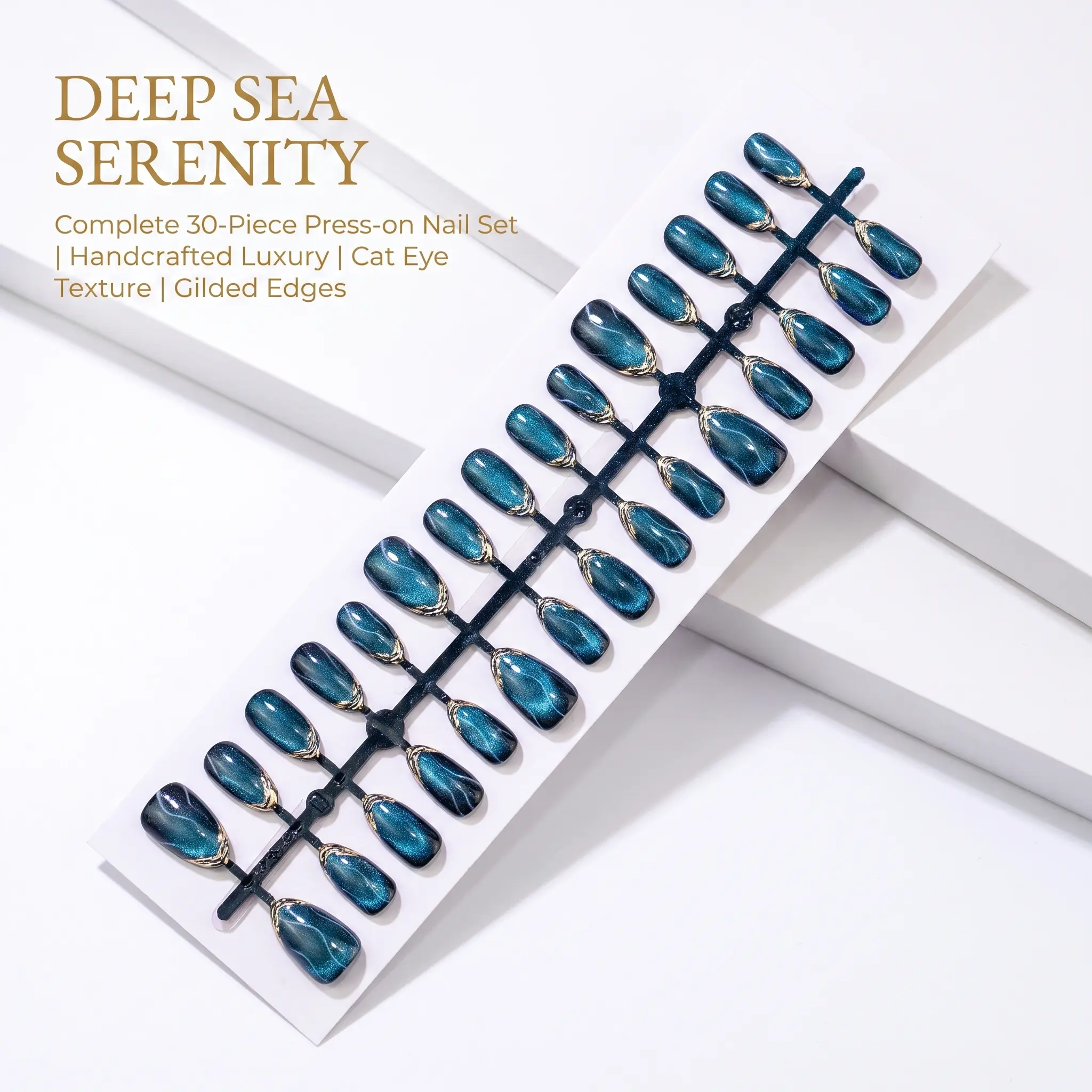 Zatvios Magnetic Deep Ocean Cat Eye Stick On Nails Irregular Handmade Gold Edging Oval Nails Glossy Quiet Luxury Reusable Manicure