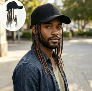 Unisex Adjustable Snapback Braid-Style Hat - Hiphop Punk Braid-Wrapped, Breathable Synthetic Dreadlock Wig, Heatproof High-Temperature Fiber, 13.8/17.7in Length, Casual Urban Fashion & Motorcycle Use, Black/Brown