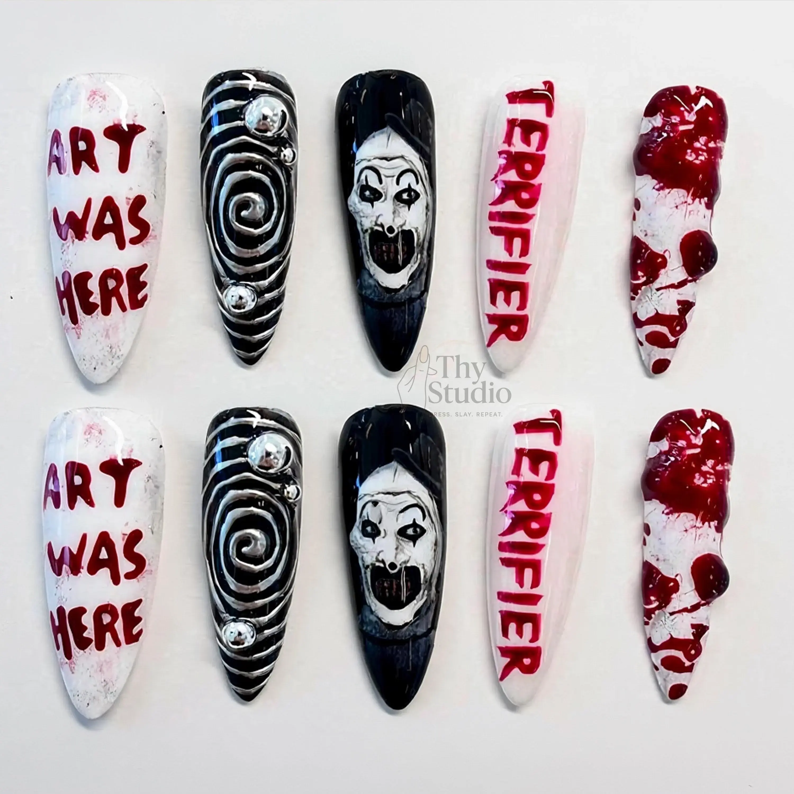 Terrifier Horror Press On Nails, Bloody Halloween Nails with Clown Face & Spiral Art, Scary Handmade Long False Nail Set, Halloween Nailbox