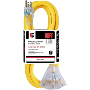 12 Gauge Heavy Duty Extension Cord, 15A 125V 1875W, 3 Outlets, Indoor/Outdoor Power Cord with Lighted End, 12/3 SJTW Weatherproof Yellow, UL Listed