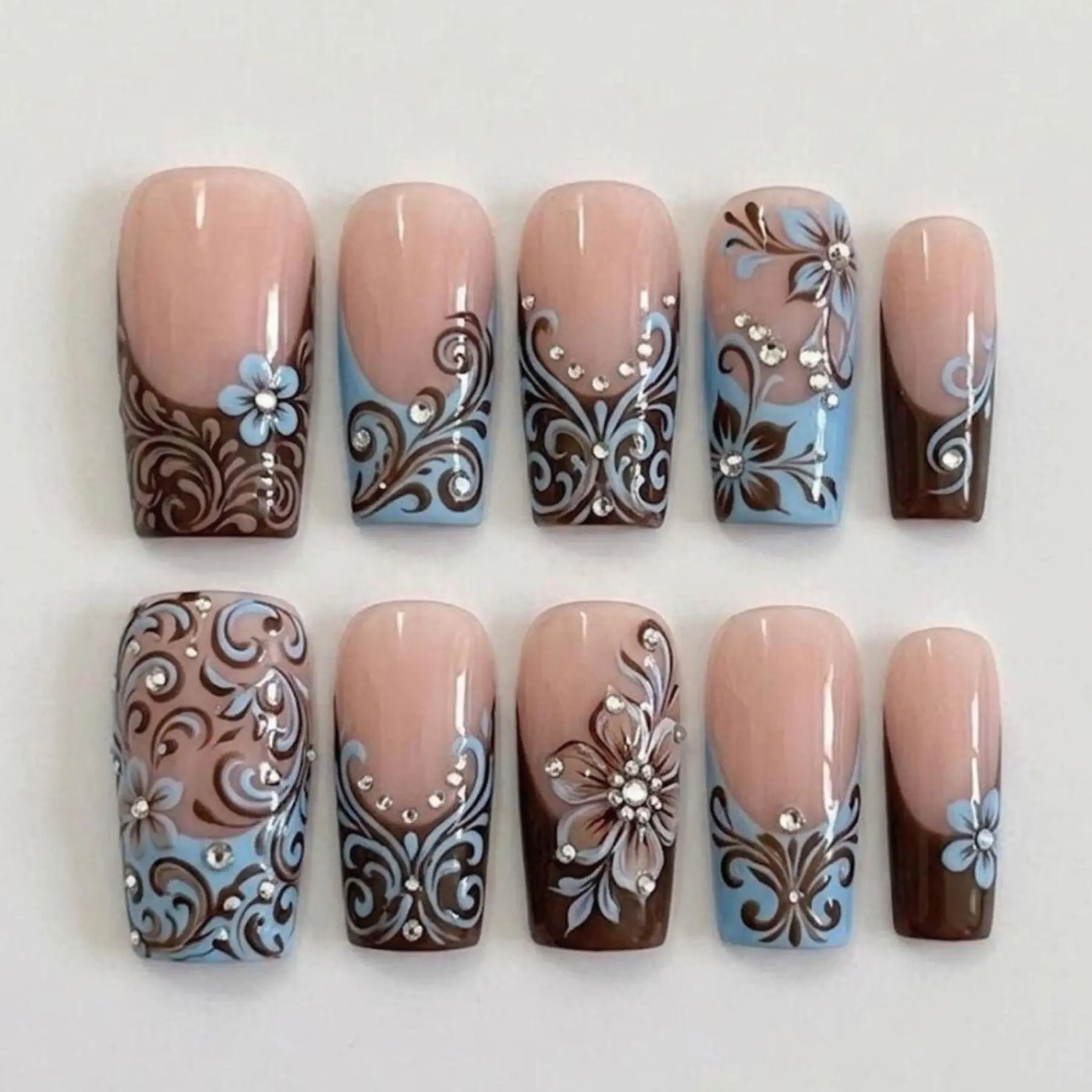 Vintage Blue Floral Press On Nails, Brown Scroll French Tip Design, Elegant Hand Painted Flowers, Rhinestone Accent Handmade Square Press On Nails