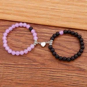 Love Heart Magnetic Beaded Bracelet Set 2 Pcs Stretchable Hand Jewelry For Best Friend / Couples