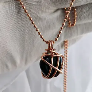 2.4mm Ball Chain Black Obsidian Crystal Pendant Necklaces 24 Inches, Thick 14 Gauge Copper Wire Wrapped Jewelry, - Grounding, Protective, Transformative [Made-to-Order]