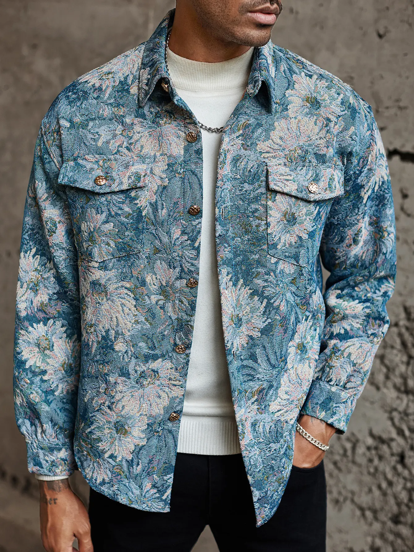 Men's Blue Tapestry Floral Shacket with Button Flap Pockets - Vintage Jacquard Pattern Jacket with Collar & Relaxed Fit, Artistic Streetwear Outerwear, No-Logo, S-XXL, Fast US Shipping #BlueTapestryJacket #VintageStreetwear #TikTokMadeMeBuyIt
