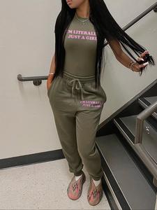 women's letter print tee & drawstring waist pants two-piece set, casual style short sleeve round neck t-shirt & elastic waist trousers for  season spring & fall, 2 piece sets women, summer outfits 2024 sets, ladies clothes for daily wear