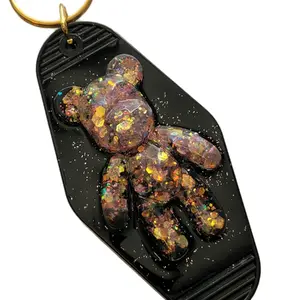 Bear Hotel Retro Motel Keychain - Keyring, Durable Resin Material - Black & Gold Color Combination - Fun & Unique Design