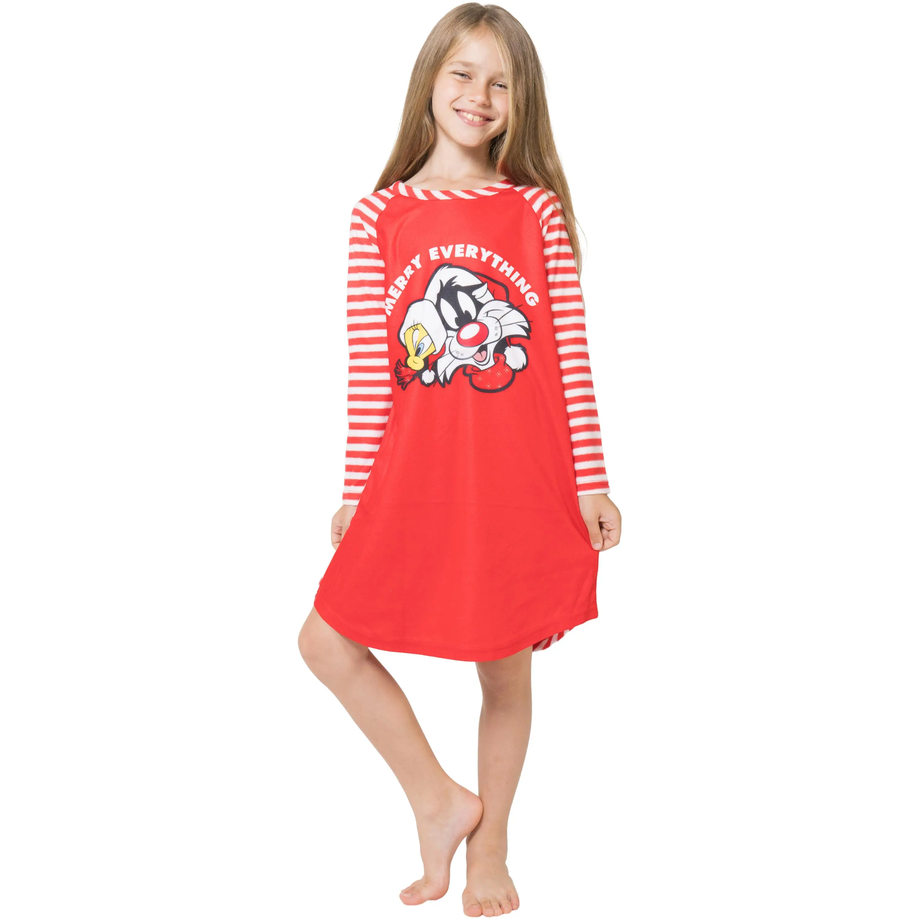 Looney Tunes Girls' Christmas Soft Casual Striped Print Sleepwear Dresses - Tweety Bird, Sylvester Cat, Merry Everything Raglan, Ideal for Sisters, Cousins, Soft Casual Pajamas, Striped Print Pajama