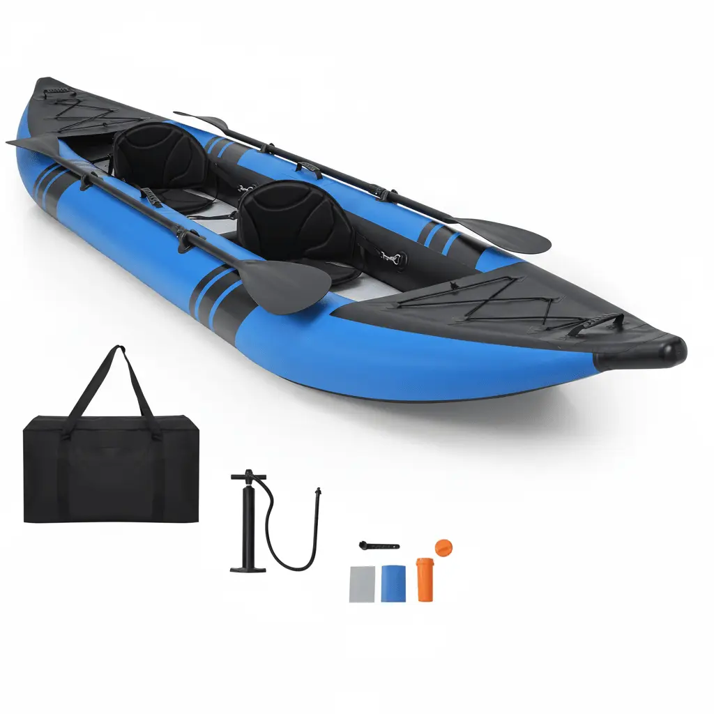 Inflatable Kayak, 12.5Ft 507Lbs Tandem Kayak with 2 Aluminum Paddles, 2 Padded Seats, Footrests, 2 Fins, Hand Pump, Carry Bag & Repair Kit, 2 Person Fishing Touring Kayak for Adults
