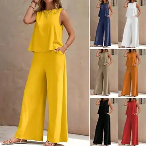 Solid Color Elegant Two-Piece Crew Neck Vest and Wide Leg Pants Suit Women's Clothing Womenswear Comfort Basic Minimalist Sleeveless