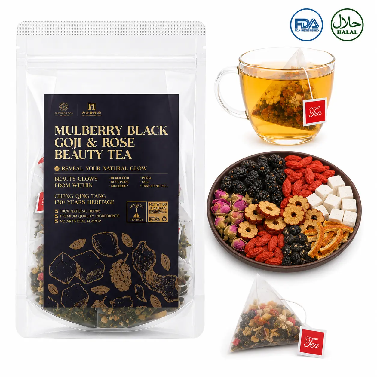Mulberry Black Goji & Rose Beauty Tea Stand-Up Pouch｜Viral Aesthetic Beauty Tea Among Influencers｜Mulberry + Black Goji + Rose｜Reveal Your Natural Glow｜20 Bags