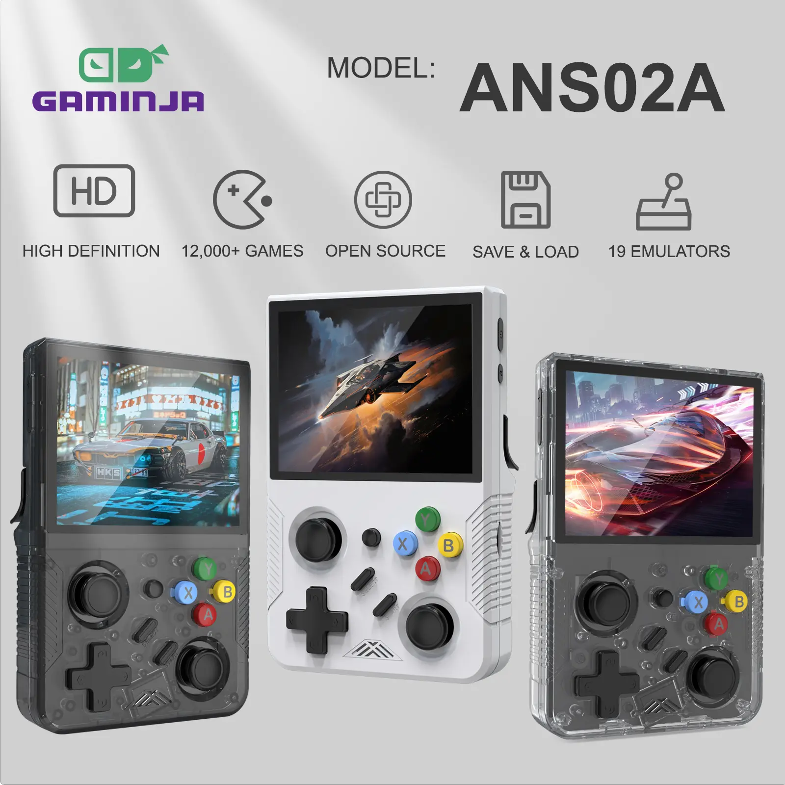 GAMINJA ANS02 Classic Retro Console, 3.5 Inch IPS HD Screen Game Console with 12000+Classic Games, Portable Open Source Game Player