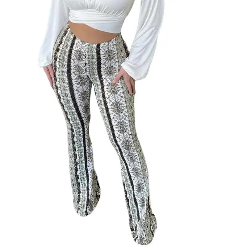 Women's Retro Printed Flare Leggings, High-Waisted Boho Bell-Bottom Pants, Stretchy Polyester Festival Wear, Asian Sizing, Polyester Clothes, Printed Pattern