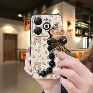 protective case Bear bracelet Phone Case For Itel P55 4G/P55T/P55 NFC Dirt-resistant cute Simplicity Cartoon Anti-knock Waterproof silicone Back Cover Black pearl pendant