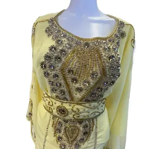 Dubai Crystal Kaftan - Elegant Design with Gold Accents, Long Sleeves, and Waist Detail, Perfect for Special Occasions