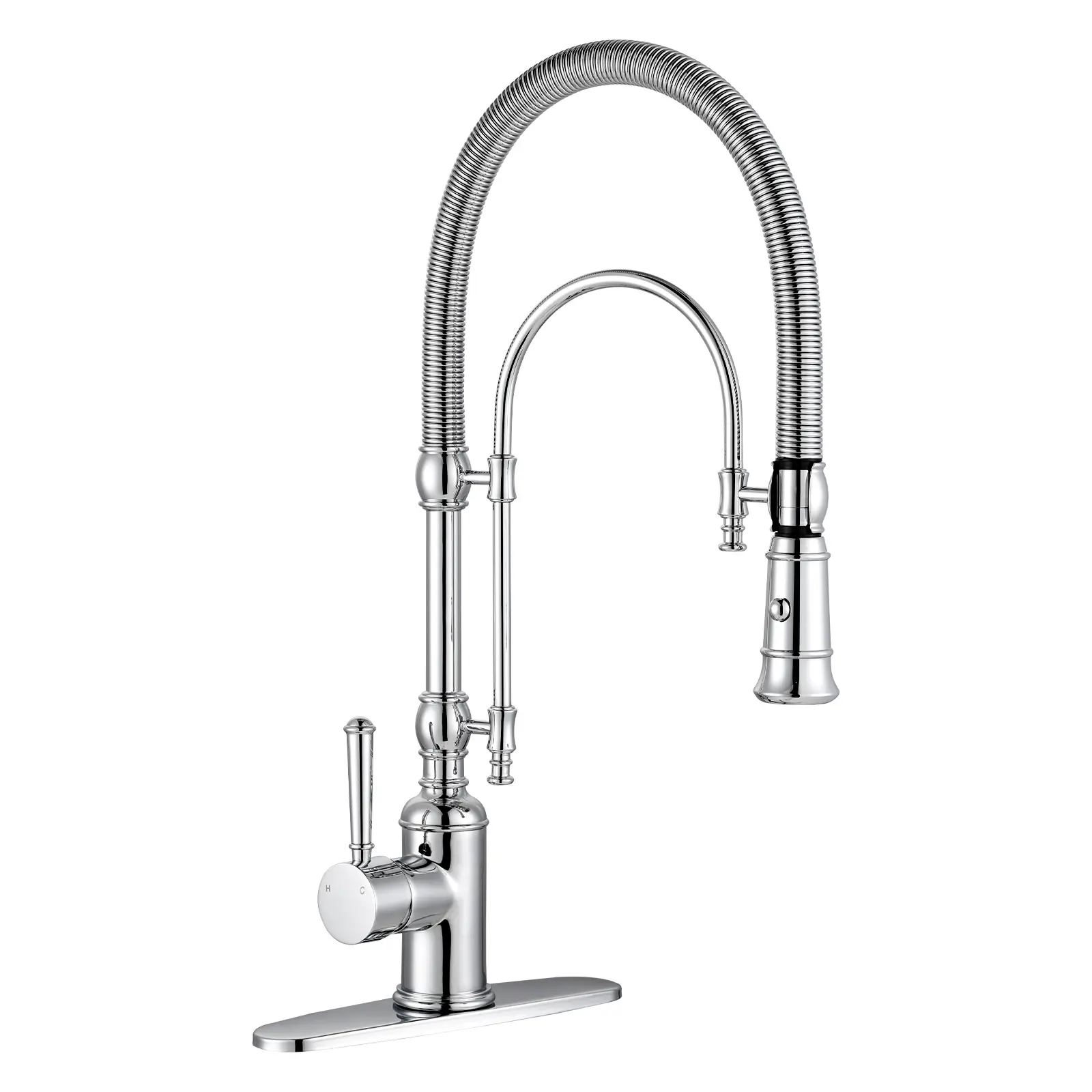 WOWOW Classic Chrome Kitchen Faucet - Single-Handle High Arc Gooseneck Pull-Out Sprayer Water Faucet, 2-Function Dual Stream, Spring Tube, Solid Brass Construction, 1-Hole/3-Hole Fit, Stain Resistant, Flexible Operation, Easy Installation