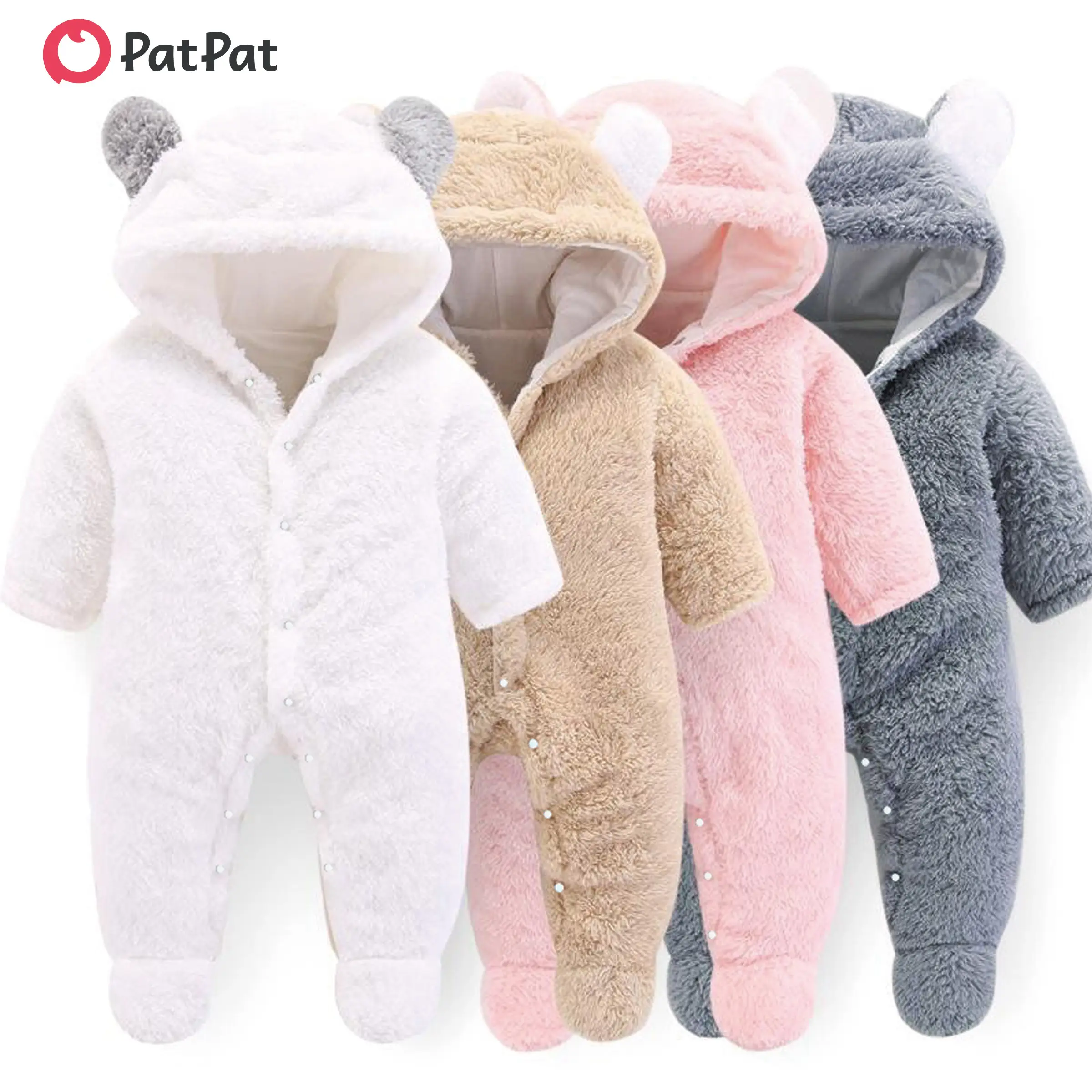 PatPat Baby Boy/Girl Bear Style 3D Ears Hooded Solid Plush Footed Jumpsuit: Soft & Cute for Winter, All-day Snuggle, Keeping Warm & Stylish