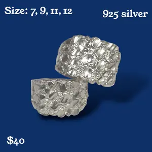 925 Silver Nugget Ring  Square Style Solid Sterling Silver No Stones Mens/Womens Statement Ring Sizes 7-12
