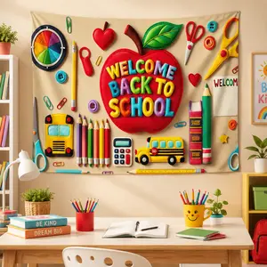 Welcome Back to School Tapestry, Colorful Classroom Wall Hanging with Crayons, Books, Rainbow and Bus, First Day Photo Backdrop for Preschool Kindergarten Elementary