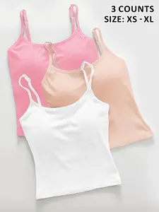 Women's Solid Color Ribbed Tank Top with Padded Bra, Thin Lightweight Casual Underwear, Sexy Crop Top, Available in 1/2/3 Pieces