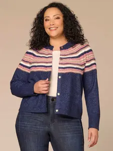 Long Sleeve Round Neck Snap Front Jacquard Plus Size Sweater Cardigan
