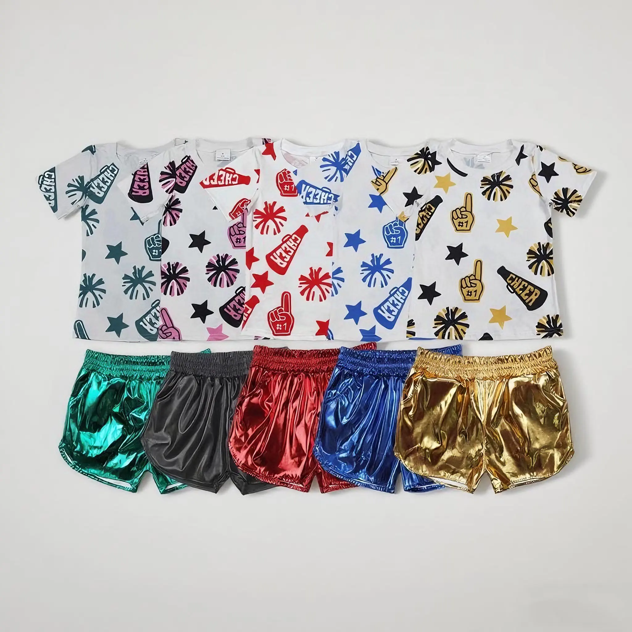 Summer Competition cheerleading Go TEAM Cheer Top Leather shorts Girls Set