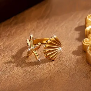 A 1pc Ocean-Themed 24K Gold-Plated Stainless Steel Ring, Featuring a Shell And Starfish Design That Is High-End And Colorfast. This Unique And Versatile Adjustable Open Ring Is Perfect for Vacations And Gifting