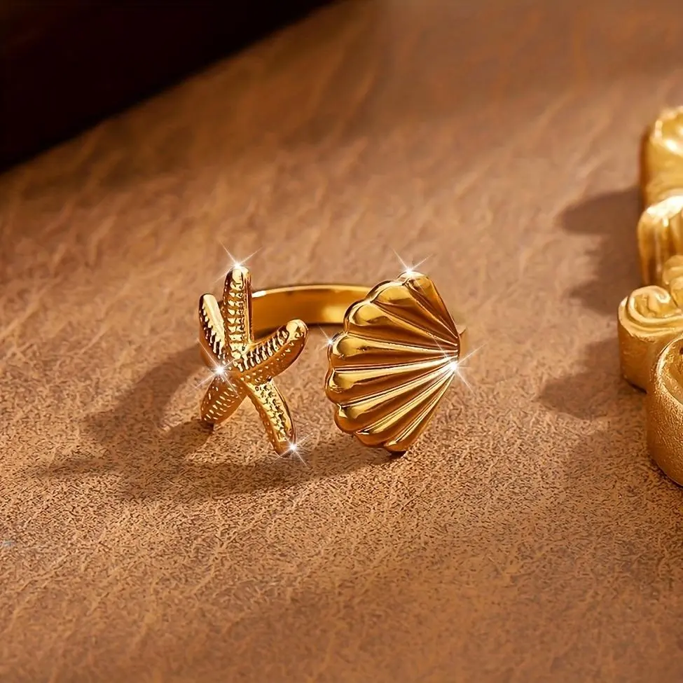 A 1pc Ocean-Themed 24K Gold-Plated Stainless Steel Ring, Featuring a Shell And Starfish Design That Is High-End And Colorfast. This Unique And Versatile Adjustable Open Ring Is Perfect for Vacations And Gifting