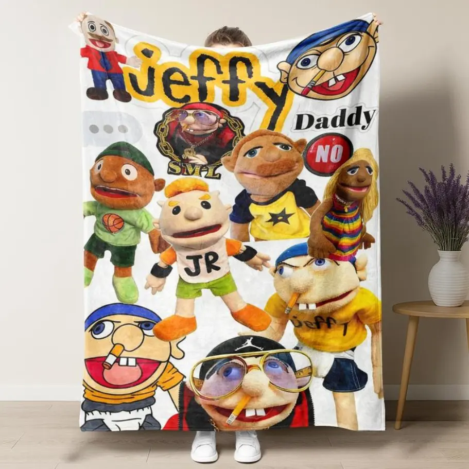 UVVUVV Jeffy Puppet Collage Cartoon Pattern Blanket - 80*60In（Max）), Wrinkle Resistant Soft Plush Fleece Throw, All Seasons SML Characters Design, Ideal for Children, Couch Bed Decor Gift for SuperMarioLogan Fans, Toddlers, Watch Party