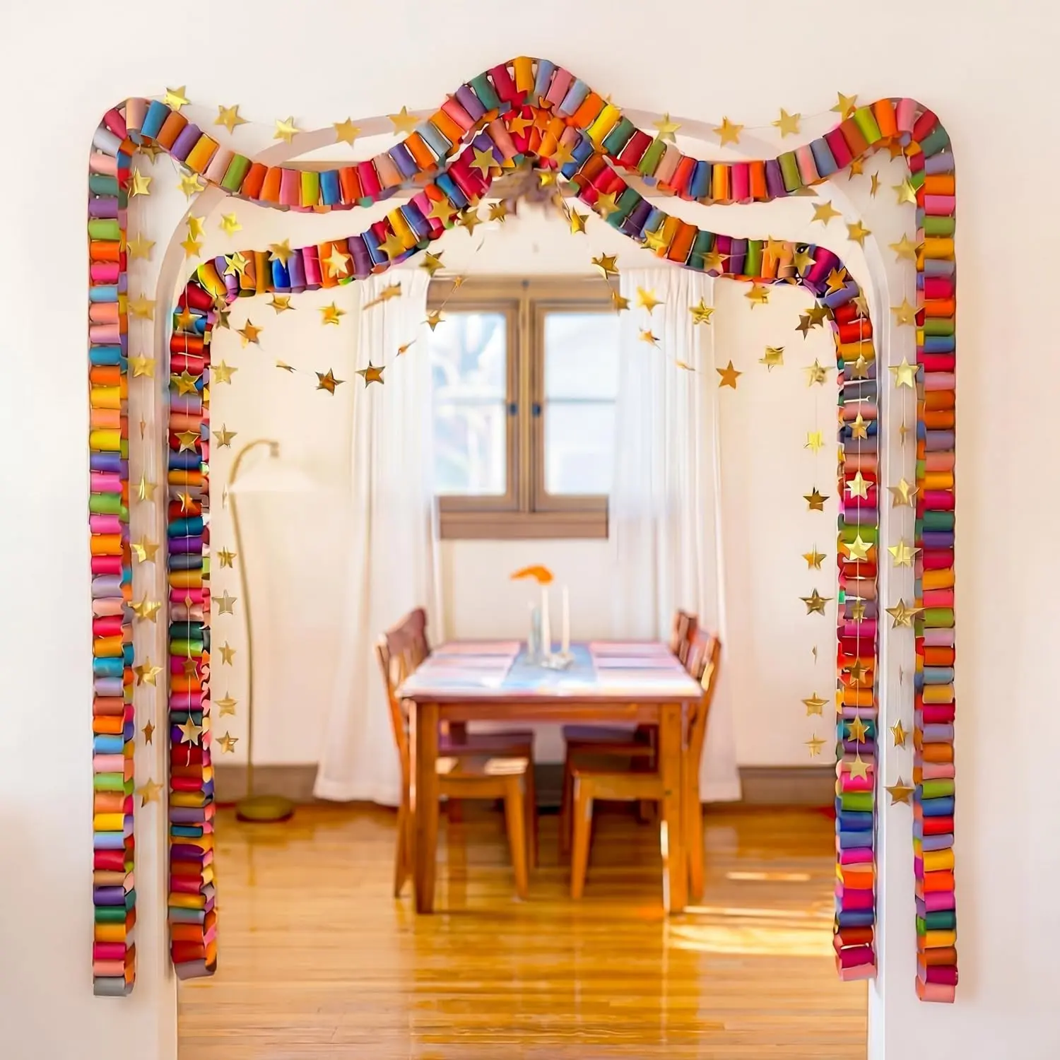 1000 Sheet Paper Chain Strips and 13ft Mirror Star Garland Set, Paper Crafts Banner with Double Sided Tape for Classroom DIY Crafting Birthday Wedding Festival Theme Party Decor