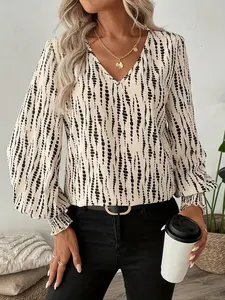 Women's All Over Print V Neck Blouse, Casual Long Sleeve Top for Daily Wear, Ladies Clothes for All Seasons