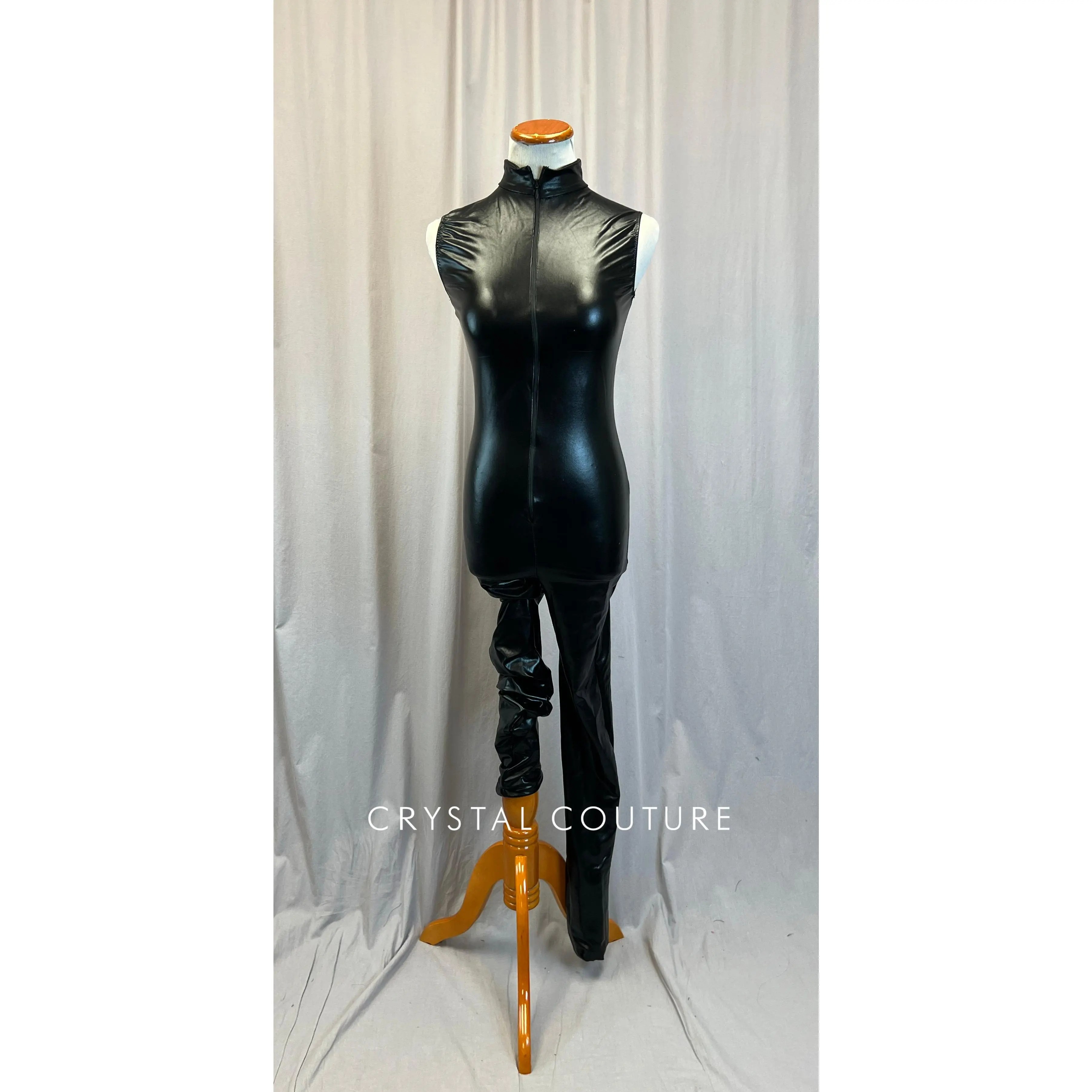 Black Shiny Nylon Mock Neck Front Zip Unitard