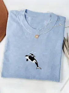 Women's Orca Whale Print Round Neck Tee, Vintage Trendy Casual Short Sleeve T-shirt for Daily Wear, Ladies Summer Outfit, Top