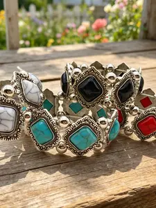 Bohemian Square Turquoise Bracelet, Vintage Silver Color Jewelry, Ethnic Style Bangle, Perfect for Vacation and Everyday Wear, Stackable Bracelets