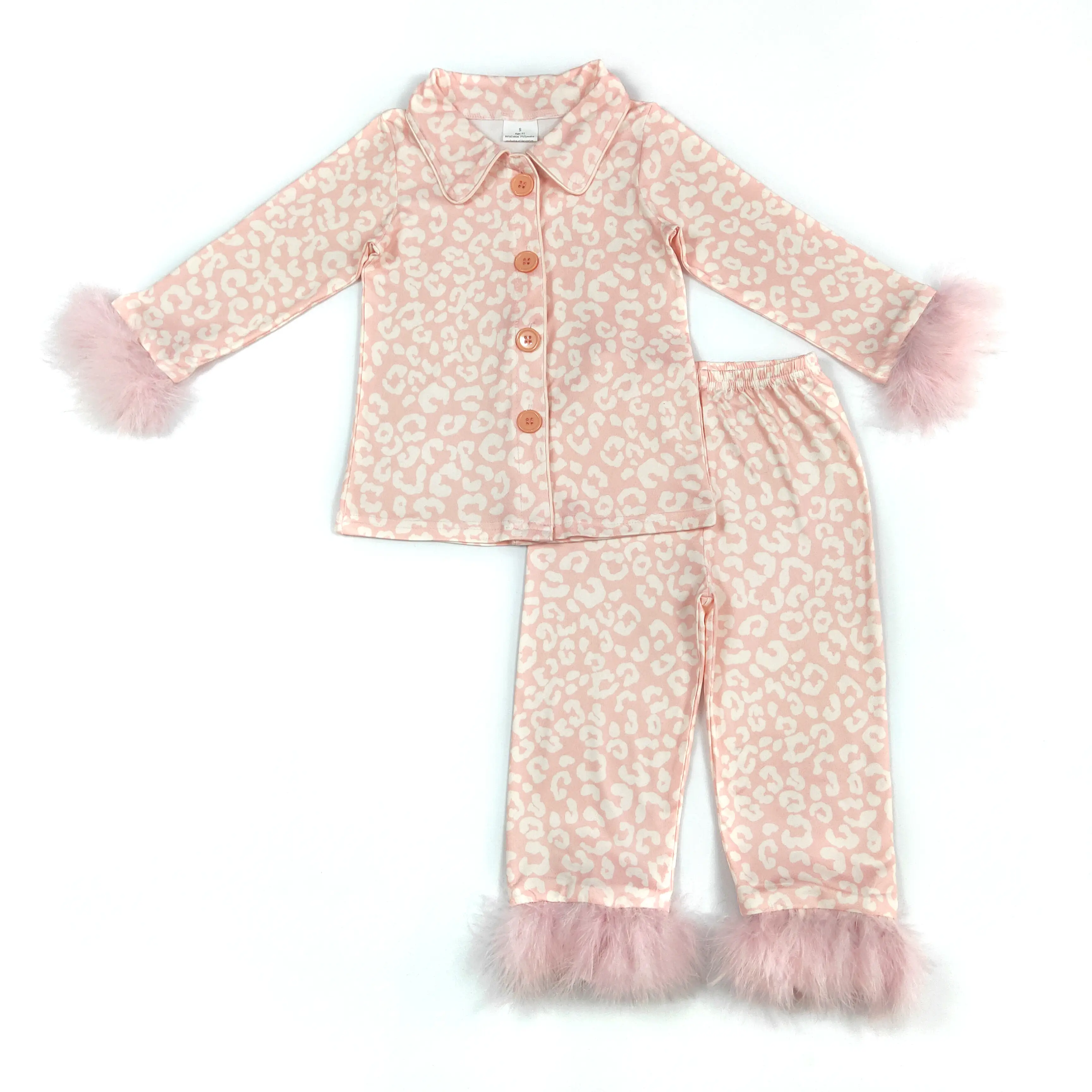 Leopard Print Long Sleeve Feather Girls Pajama