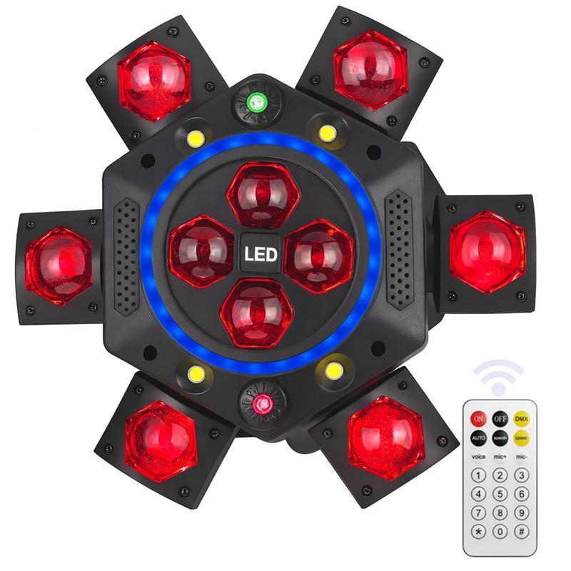 Professional DJ Light 6-Arm 150W Moving Head RGBW Bee-Eye Beam with LED Halo Ring DMX512 26 Channel Laser Starry Sky White Amber Strobe Sound Activated for Events