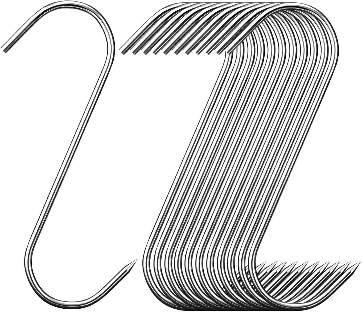 20 Pcs 6" 304 Stainless Steel Meat Hooks – S-Shaped Butcher Hooks, 4mm Wire, Sharp Tip + Flat Hang End, for Smoking, Drying, BBQ, Sausage, Jerky, Hanging Pot (Silver, Food Grade)