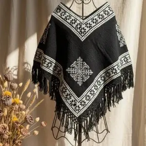 Handmade Poncho - Unique Hand Embroidered Design with Pedal Loom Weaving, Casual Coat Accessory - Jackets, Coats