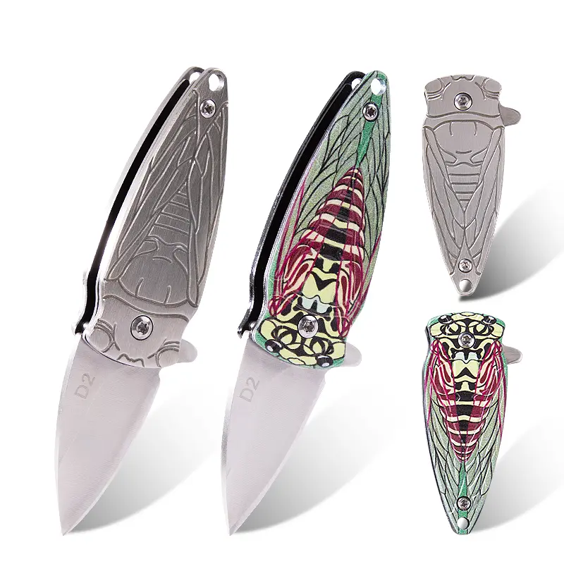 D2 Steel Mini Folding Pocket Knife with Cicada Pattern Handle, 60±2 HRC High Hardness Utility Knife, Thickened Blade Portable Cutter for Daily Use & Package Opening fold knife