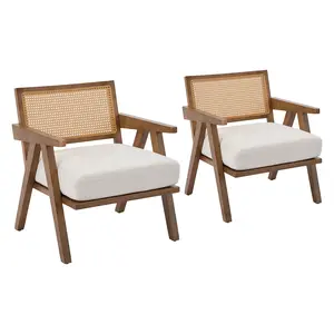 Mid-Century Modern Accent Chair for Living Room – Sturdy Wood Frame, Rattan Back, Thick Cushion, Comfortable Armchair for Bedroom, Office, or Balcony – Easy Assembly
