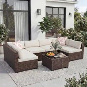7-Piece Outdoor PE Rattan Wicker Sectional Conversation Set All-Weather Modular Sofa with Thick Cushions & Tempered Glass Coffee Table Multiple Colors Ideal for Backyard Poolside
