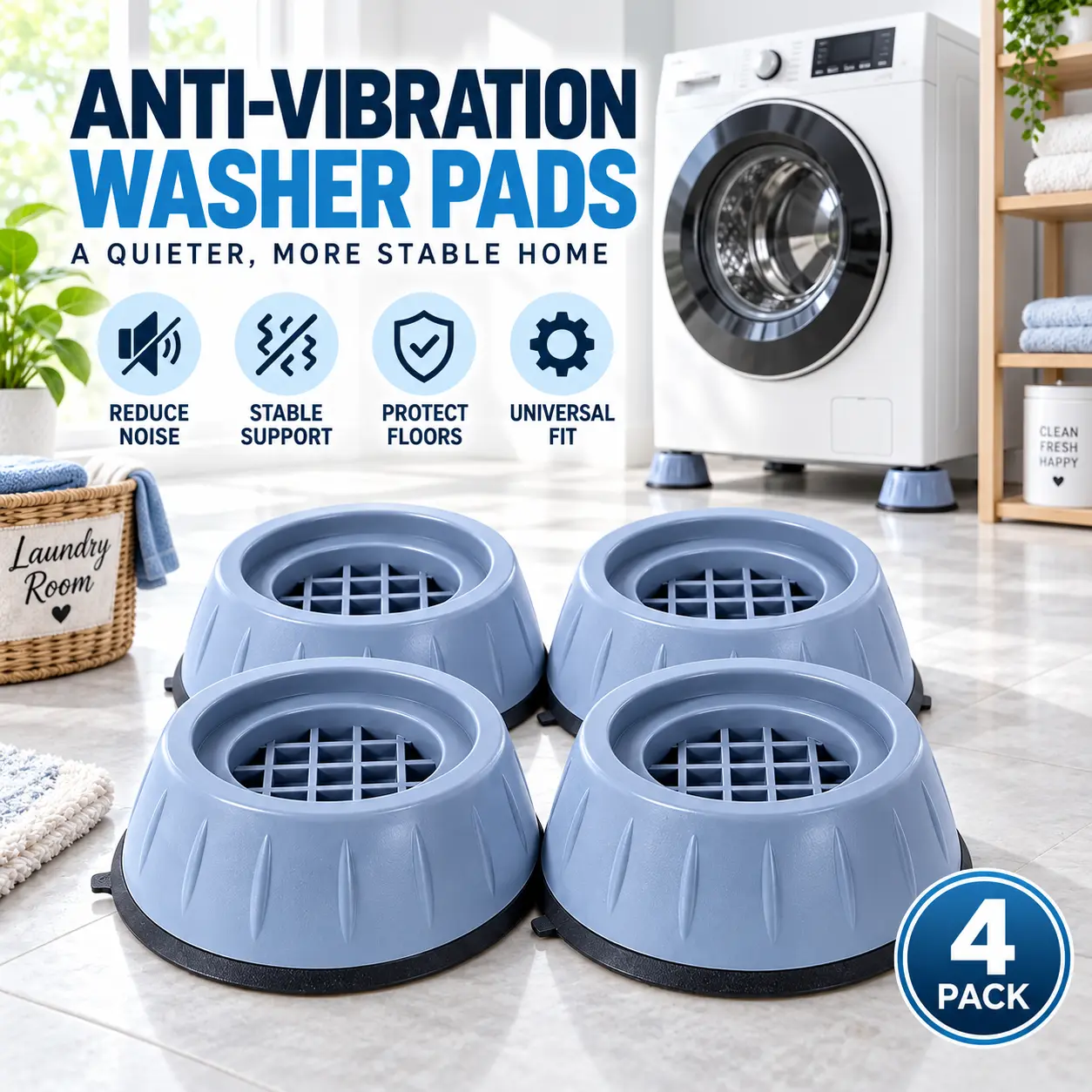 4PCS Washer Anti-Vibration Pads, Shock Absorbing Non-Slip Washing Machine Feet Risers for Dryer, Refrigerator & Appliances, Floor Protection Support Pads