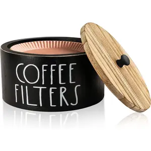 Coffee Filter Holder, Wood Coffee Filter Storage Container Dispenser with Lid, Rustic Farmhouse Filters Organizer Basket Accessories for Coffee Bar Counter Decor