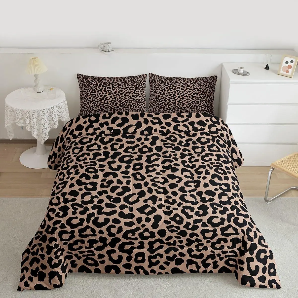 Brown Leopard Print Comforter Set Cheetah Bedding Set Animal Print Duvet Quilt Safari Bedroom Decor Microfiber