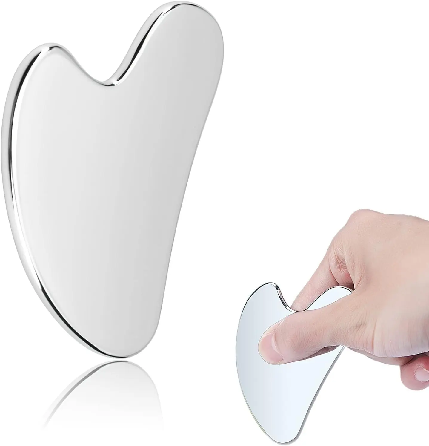 Stainless Steel Gua Sha Facial Tool - Manual Beauty Massage Device for Jawline, Chin, Face Fascia Release, Lymphatic Drainage (Silver)