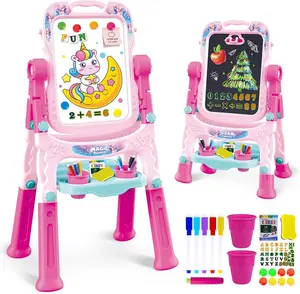 Adjustable Double-Sided Rotatable Magnetic Art Easel for Kids with Painting Accessories, Preschool Learning Toy for Girls 3-5 Years Old, Ideal Christmas Birthday Gift (Pink)