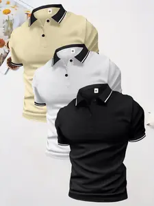 3-pack men’s summer solid-color cotton short-sleeve polo shirts, classic retro style—lightweight, versatile athletic casual outdoor fashion golf apparel; trendy black short sleeves—an ideal gift for men.