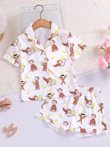 Cute Monkey Print Flame Retardant Fabric Pajama Set, Cartoon Print Pajama, Casual Stylish Sleepwear for All Seasons, Short Sleeve Cardigan and Loose Elastic Shorts for Kids