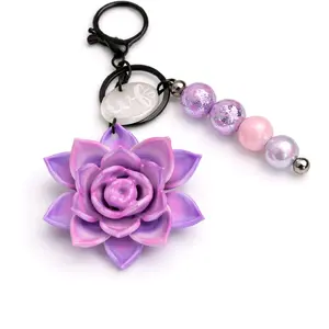 Purple Lotus Keychain with Pink and Purple Beads and Black Chain