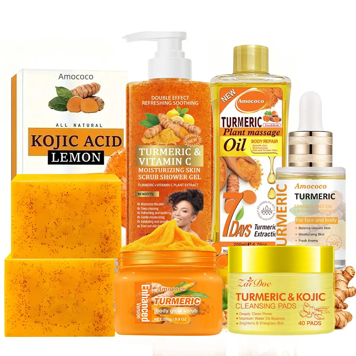 Turmeric Full Body Ultimate Care Set | Double Turmeric Soap, Body Wash, Exfoliating Scrub & 200ml Pure Turmeric Oil, All-Natural Daily Cleansing & Moisturizing Skincare Kit